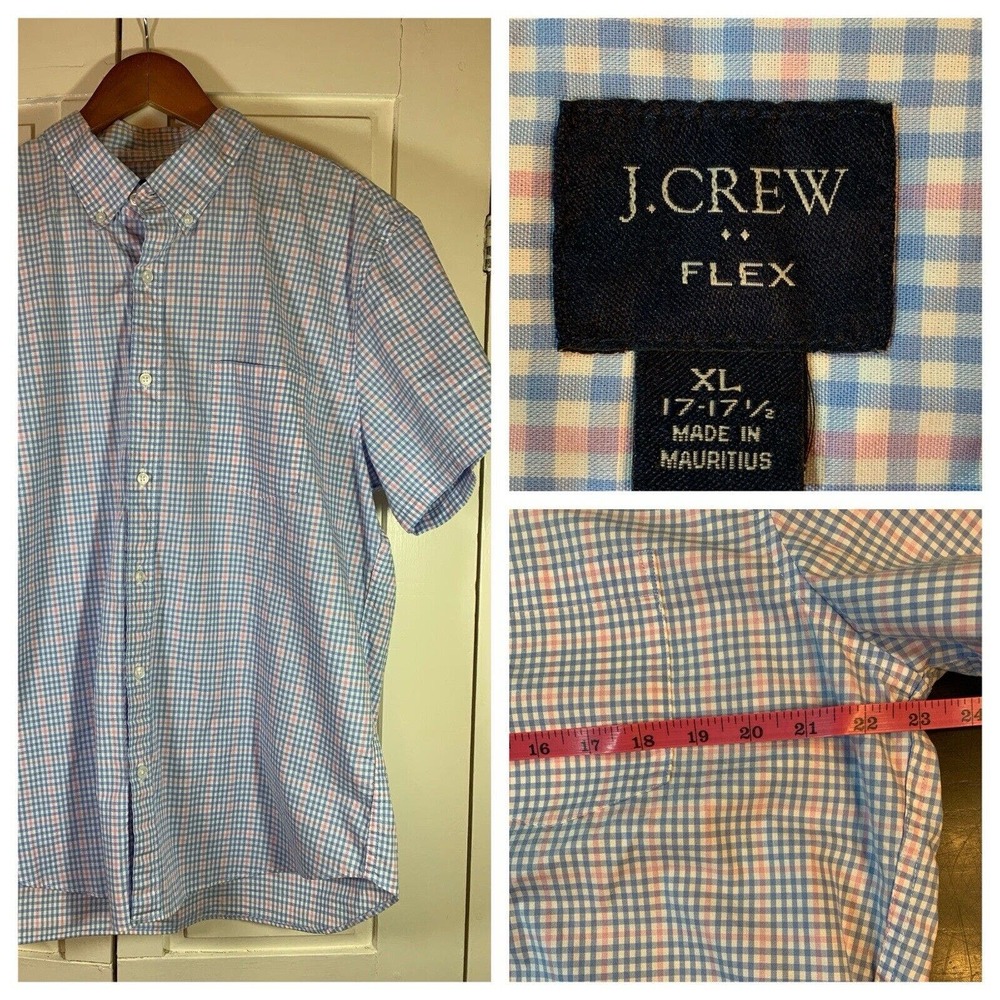 J Crew Button‎ Shirt Mens XL 17-17.5 Flex Short Sleeve Blue Pink Check Stretch